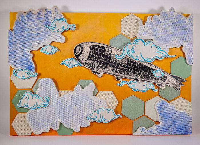 Eric Sanchez and Matt Reynoso, Airship #1, spray paint, stencil and screen-print paper mounted on wood, 24" x 36" x 2", $950