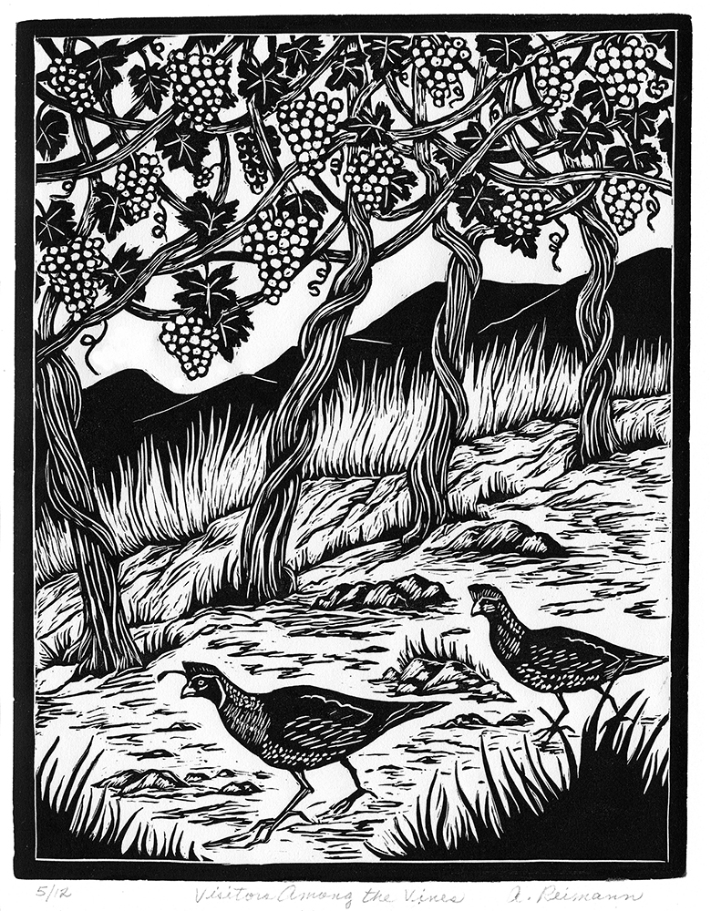 Arline Reimann, Visitors Among the Vines, Linocut, 12 in x 9 in, 2018 Arline Reimann, Visitors Among the Vines, Linocut, 12 in x 9 in, 2018