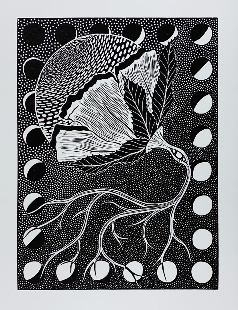 Erica Barajas "Burgeoning Transitions" linocut, 11 x 14, 2020 Erica Barajas "Burgeoning Transitions" linocut, 11 x 14, 2020