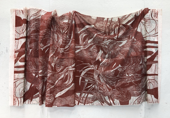 Anna Kenar, Carry this Splendor, this Chaos series (Tuberculum), woodcut on fabric, 24" x 96", $5,000