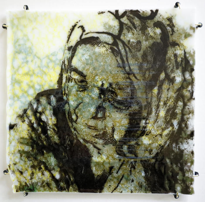 Bushra Gill, Connector 2, powder printed glass, 10" x 10" x .25", $600