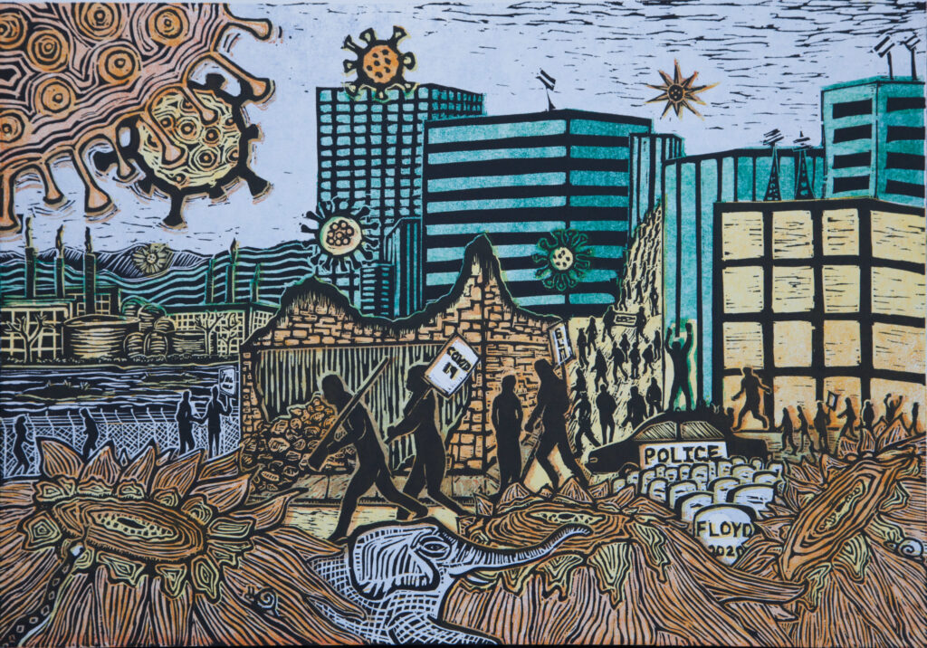 Carol Brent Levin, Covid Spring, 5 Color Woodblock Print, 14 in x 20 in, 2020 Carol Brent Levin, Covid Spring, 5 Color Woodblock Print, 14 in x 20 in, 2020
