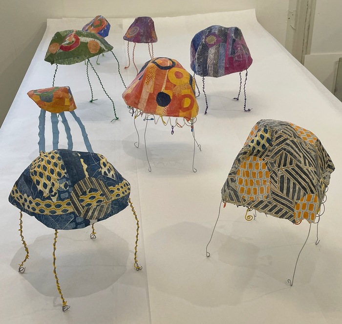 Karen Slater, Creatures, wire, plastic mesh, plaster gauze, papier mache, 9" x 24" x 36", $300 each