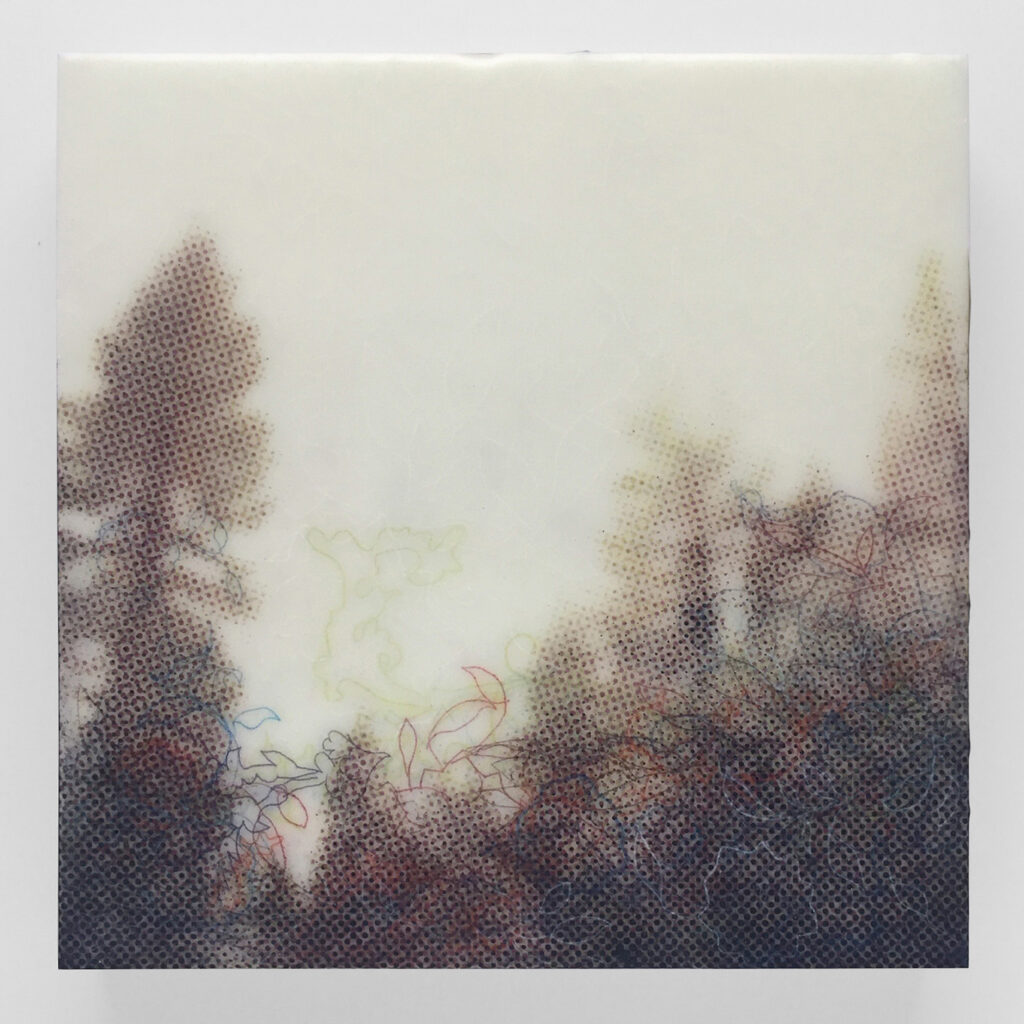 Karen Gallagher Iverson, Crest From Below, Tahoe Tree Line 6, Pochoir printed and drawn colored pastel on wax on panel, 10 in x 10 in, 2018 Karen Gallagher Iverson, Crest From Below, Tahoe Tree Line 6, Pochoir printed and drawn colored pastel on wax on panel, 10 in x 10 in, 2018