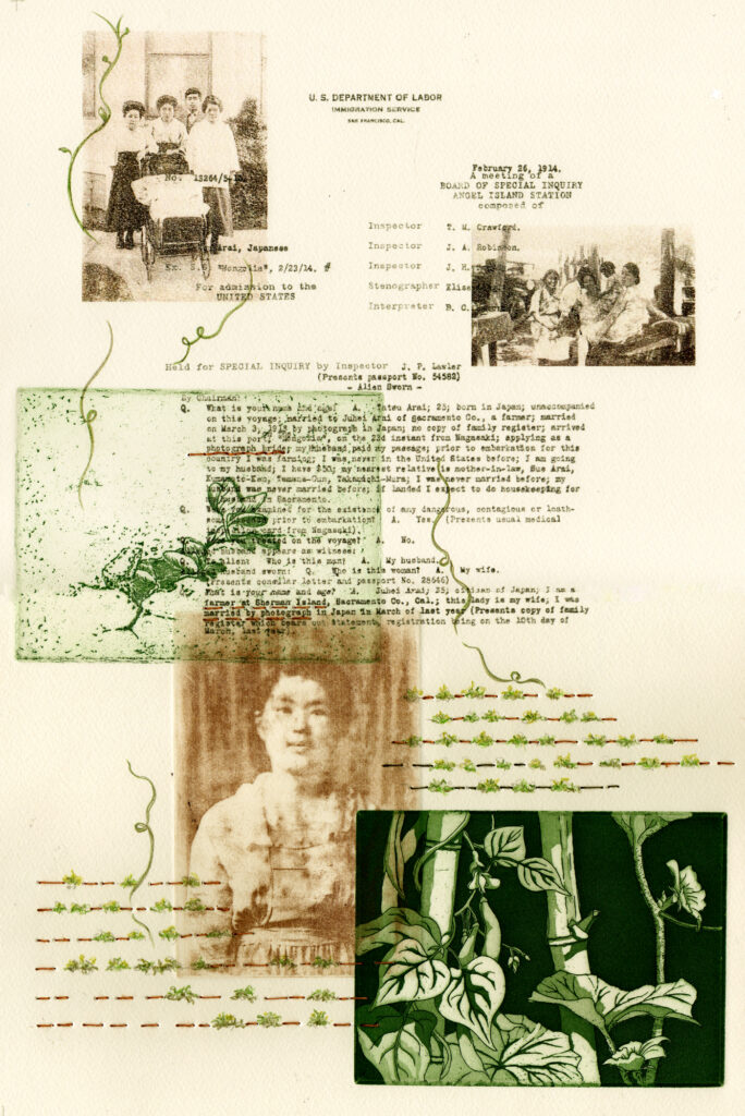 Shari Arai DeBoer "Married by Photograph" etching, photocopy transfer, pencil, linen thread 18" x 12" 2019 Shari Arai DeBoer "Married by Photograph" etching, photocopy transfer, pencil, linen thread 18" x 12" 2019