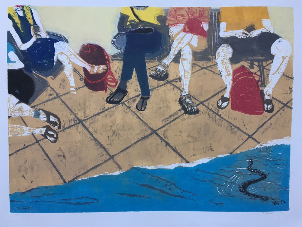 Donna W Brown, No Swimming, Reduction Woodcut, 24 in x 42 in, 2020 Donna W Brown, No Swimming, Reduction Woodcut, 24 in x 42 in, 2020