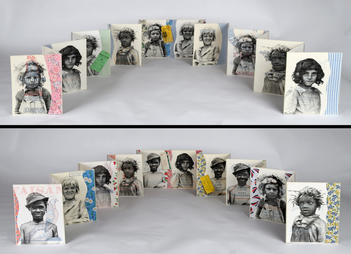 Patty Kennedy- Zafred, Dust to Dust: A Girl's Diary, Materials: Vintage sugar, salt, feed sacks; antique calico, original tags, photo emulsion silkscreen materials, textile inks, Peltex. Techniques: Hand screen printed images on vintage sacks, piecing, fusing, machine pieced and quilted; embellished with original tags; machine stitched binding techniques, creating a two-sided French door accordion book, 56” x 35” x 12”, $4,000