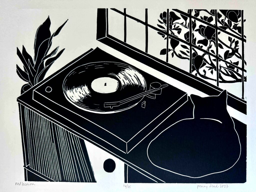 Penny Flood, Reflection, linoleum block print, 9"x 12"