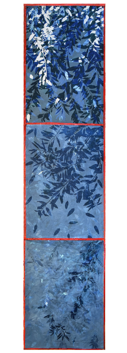 Florence Alfano McEwin, Early Snow – Russian Olive, monoprint wall hanging collagraph monoprints with counter and ghost prints, pochoir, oil inks on handmade Japanese Unryu washi.108" x 24", $950