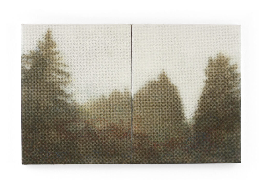 Karen Gallagher Iverson "Untitled California 17" Pochoir printed and drawn colored pastel on wax on 2 panels. 14" x 22" (diptych) 2018 Karen Gallagher Iverson "Untitled California 17" Pochoir printed and drawn colored pastel on wax on 2 panels. 14" x 22" (diptych) 2018