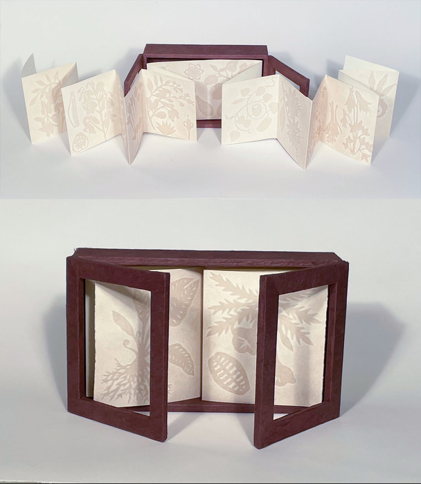 Jennifer Scheuer, Glass Flowers Cabinet, artist book, pressure printing, 4.5" x 7.25" x 2.25", $700