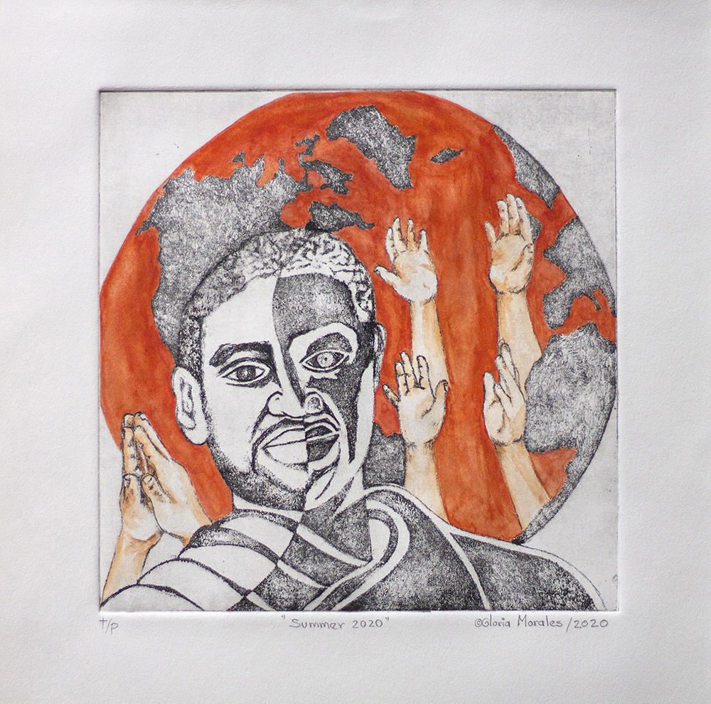 Gloria Morales, Summer 2020, Etching and watercolor, 8 in x 8 in, 2020 Gloria Morales, Summer 2020, Etching and watercolor, 8 in x 8 in, 2020