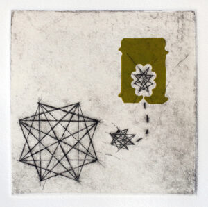 H J Mooij, Figure A- this figure demonstrates how the process of extraction can lead to growth, relief and drypoint with chine colle, 5 x 5 in, 2021 H J Mooij, Figure A- this figure demonstrates how the process of extraction can lead to growth, relief and drypoint with chine colle, 5 x 5 in, 2021