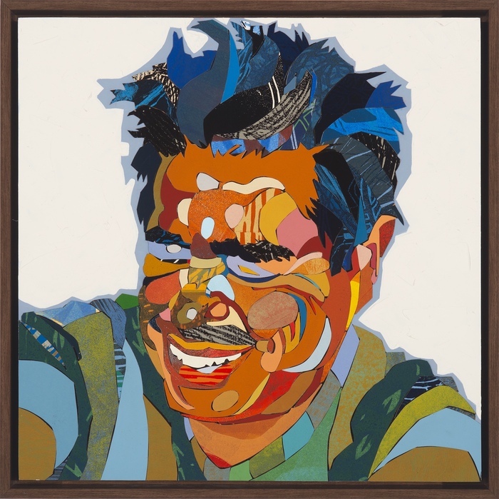 Fernando Reyes, Happy Me, collage, 16" x 16" x 1.5", $2,800