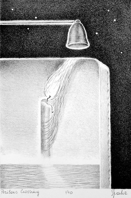 Herlinde Spahr, Perilous Crossing, Stone Lithograph, 10 in x 7 in, 2014 Herlinde Spahr, Perilous Crossing, Stone Lithograph, 10 in x 7 in, 2014