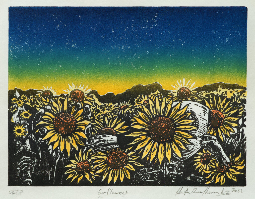Hector Hernandez, Sunflowers, relief print and watercolor, 8"x 10"