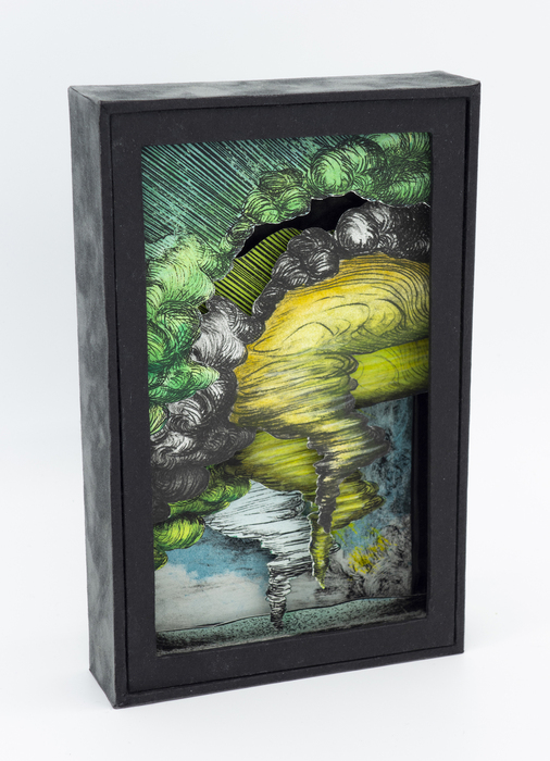 Raluca Iancu, Tornadogenesis, tunnel book with drypoint, monotype, handtinting, 7.5" x 4.75" x 1.4", $1,000