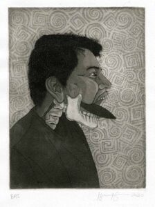 Israel Campos, Self-Portrait with Tecpatl, Etching and aquatint, 8 x 6 in, 2020 Israel Campos, Self-Portrait with Tecpatl, Etching and aquatint, 8 x 6 in, 2020