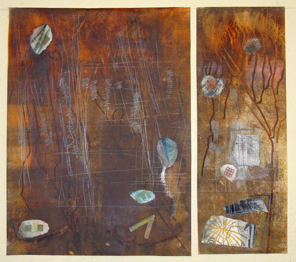 Jami Taback, Aquifers, 24 in x 30in, Diptych, Collage, Rust Eco Dye, scribbling, 2020 Jami Taback, Aquifers, 24 in x 30in, Diptych, Collage, Rust Eco Dye, scribbling, 2020
