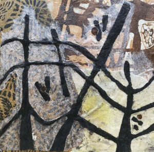 Janis O'Driscoll, Which Way Which Way, Relief and eco prints collage with wax on wood panel, 8 x 8 in, 2021 Janis O'Driscoll, Which Way Which Way, Relief and eco prints collage with wax on wood panel, 8 x 8 in, 2021