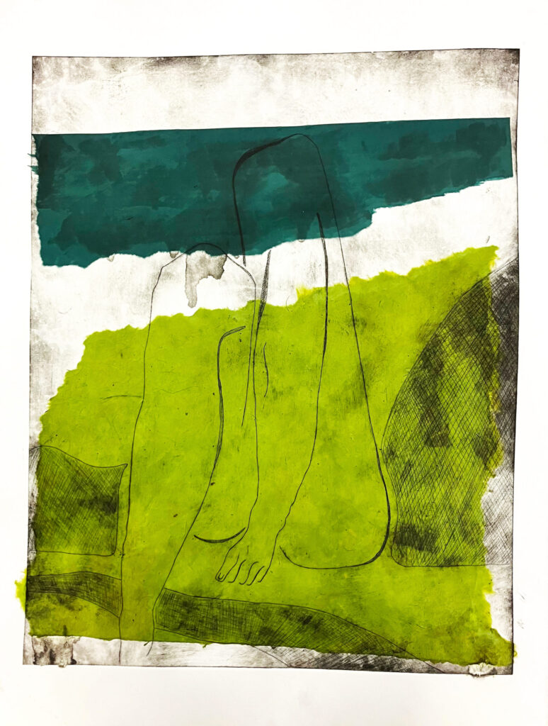 Kelsey Jones, You and I are Mountains, drypoint etching and chine colle, 18" x 24"