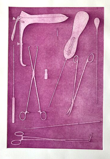 Emily Kampa, Just Take Ibuprofen, copper plate etching with metal medical cart, print: 22" x 15" stand: 34" x 21.5" x 15", $250 + ($70 stand)