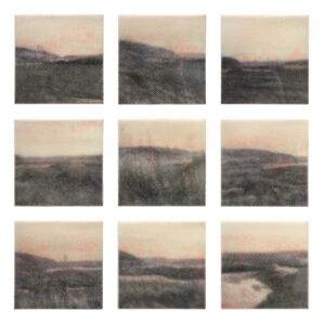 Karen Gallagher Iverson, Wine Dark Tides, Point Reyes Tidal Flats 1-9, Pochoir printed and drawn colored pastel on wax on nine panels, 18 x 18 in, 2019 Karen Gallagher Iverson, Wine Dark Tides, Point Reyes Tidal Flats 1-9, Pochoir printed and drawn colored pastel on wax on nine panels, 18 x 18 in, 2019