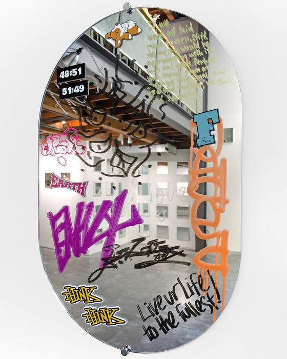 Aaron Pennington, Live ur Life to the fullest!, silkscreen on mirrored plexiglass, polished zinc brackets, 36" x 24" x 0.75", $3,500