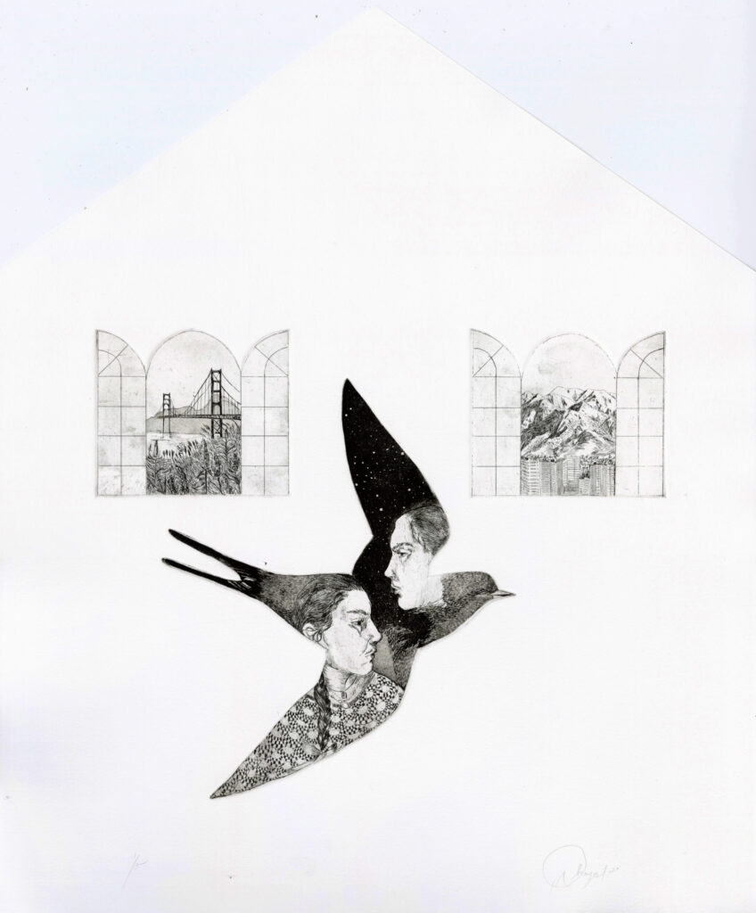 Amaya Lounibos Hartard, Voyage, shaped plate etching with aquatint, 16" x 19"