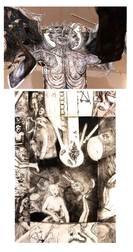 Lynk Collective. Nguyen Ly and Christina Yasmin Fesmire, Lucifer/Inferno, drypoint/intaglio, wire, thread, hand- stitching, 96" x 166" x 72", $16,000 (Lucifer figure $10,000, “Garden of Earthly Delights” scene $6,000)