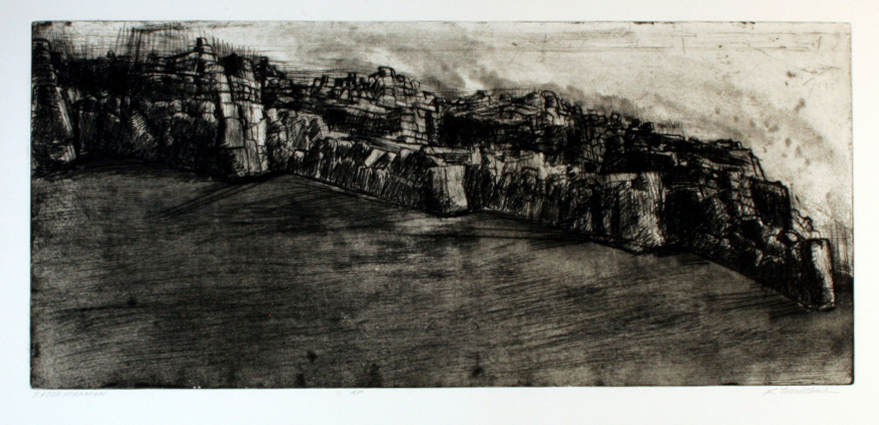 Lynn Newcomb, Sacsayhuaman, etching, 16 in x 36 in 2018 Lynn Newcomb, Sacsayhuaman, etching, 16 in x 36 in 2018