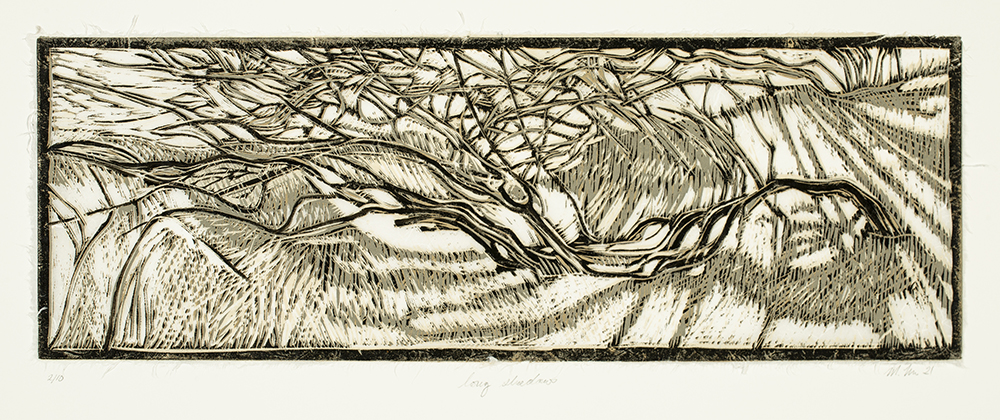 Margaret Niven, Long Shadows, reduction linocut on mulberry paper, 15 in x 30 in, 2021 Margaret Niven, Long Shadows, reduction linocut on mulberry paper, 15 in x 30 in, 2021