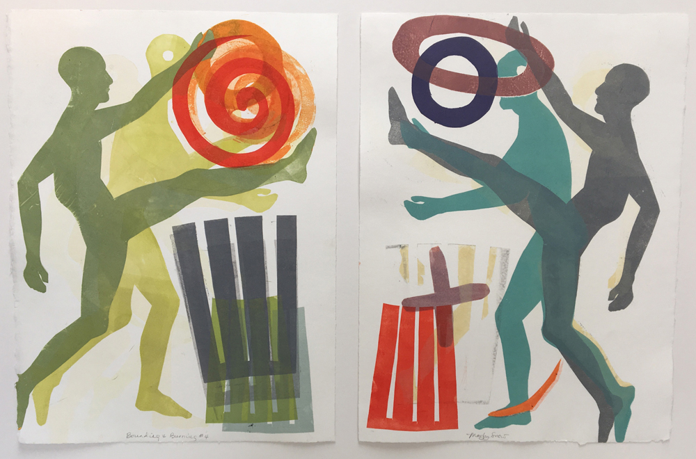 Maryly Snow, Bounding Over a Border Wall, Burning Under a Climate Sun #4, Stencil relief monoprint, 24 in x 32 in x 1/2 in, 2019 Maryly Snow, Bounding Over a Border Wall, Burning Under a Climate Sun #4, Stencil relief monoprint, 24 in x 32 in x 1/2 in, 2019