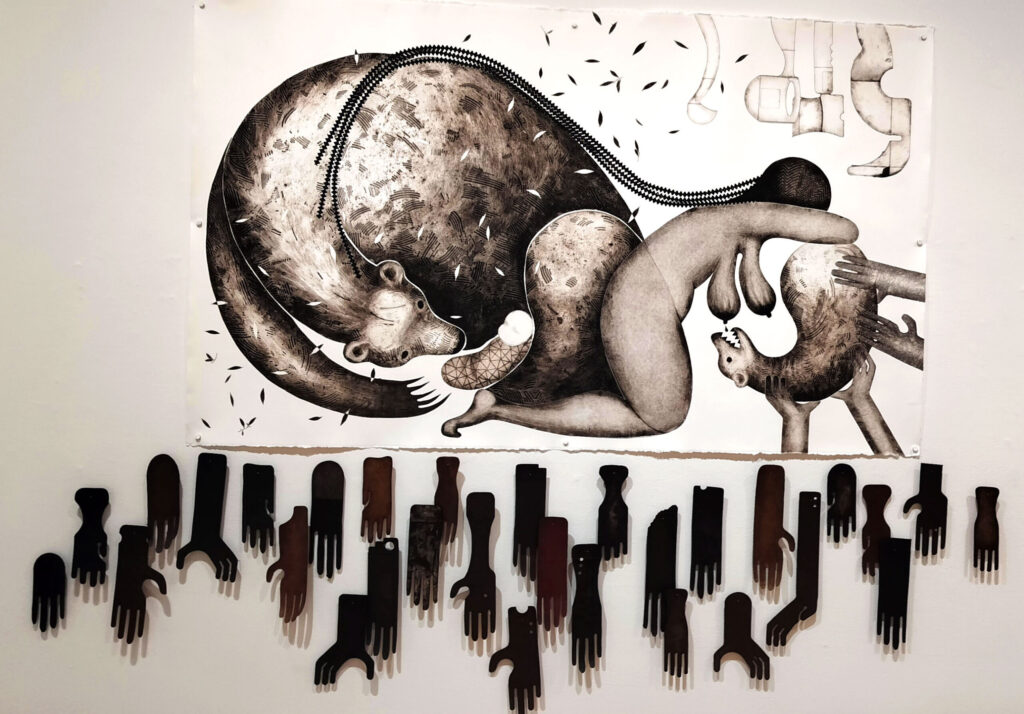 Klea McKenna, The Remedy, installation of a 42" X 72" intaglio print on rag paper and 30 used printing plates (cardboard, vinyl, leather), 8ft x 8ft x 2" print 42" x 72" x 1", NFS