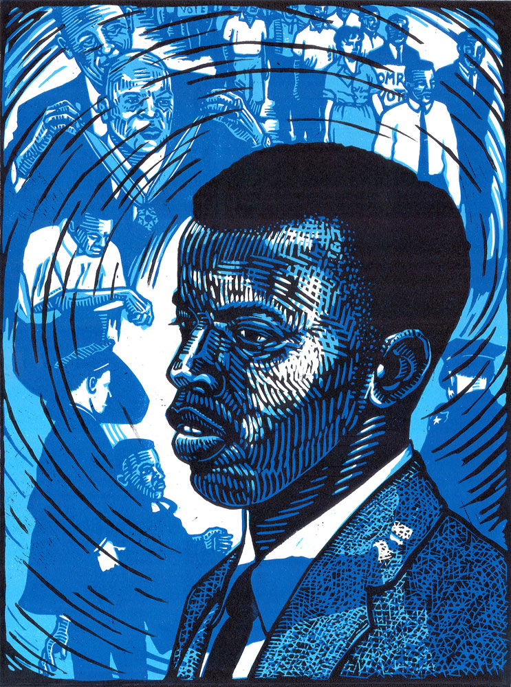 Melissa West, John Lewis, Freedom Rider, Linoleum block print 12 in x 9 in, 2021 Melissa West, John Lewis, Freedom Rider, Linoleum block print 12 in x 9 in, 2021