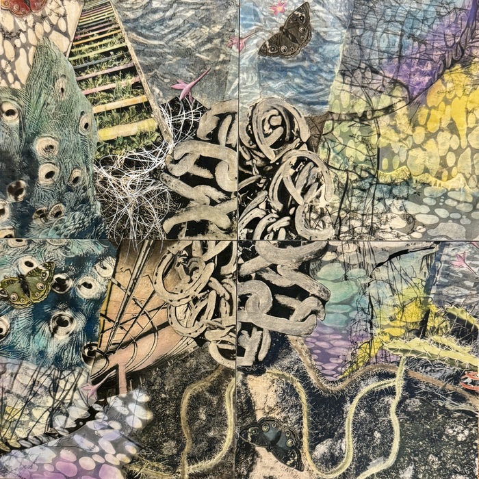 Karen Palamos, Migrations, original photo images layered, collaged, polymer transfer print on wood cradle board, pastel and conte crayon, 20" x 20" x .075", $830