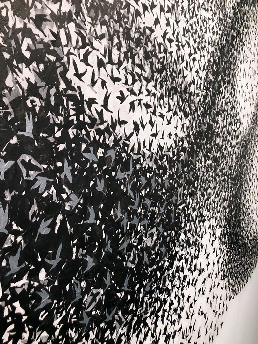 Marit Berg, Murmuration 3 (detail), Installation; screenprints, black and silver ink, foamcore, 10' x 13" x 5", $10,000