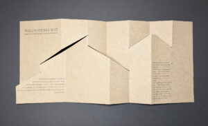 Rhiannon Alpers, Philosophers Way, Artist's Book, folded broadside letterpress printed, handcut, 6.25 x 14 flat, 6.25 x 3.5 folded, 2021 Rhiannon Alpers, Philosophers Way, Artist's Book, folded broadside letterpress printed, handcut, 6.25 x 14 flat, 6.25 x 3.5 folded, 2021