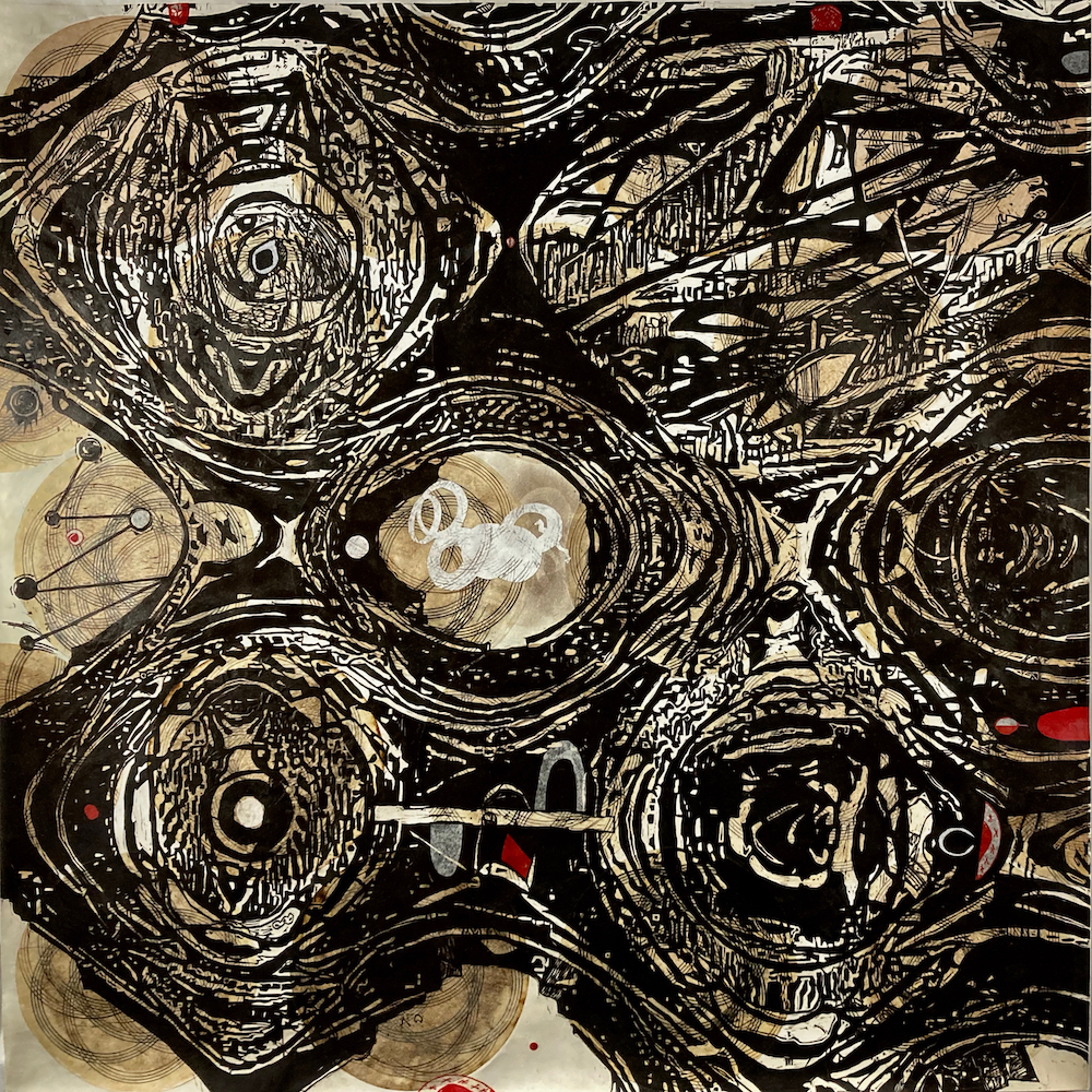 Roxanne Sexauer, Prote, Woodcut, frottage, chine collé, 36 in x 36 in, 2021 Roxanne Sexauer, Prote, Woodcut, frottage, chine collé, 36 in x 36 in, 2021