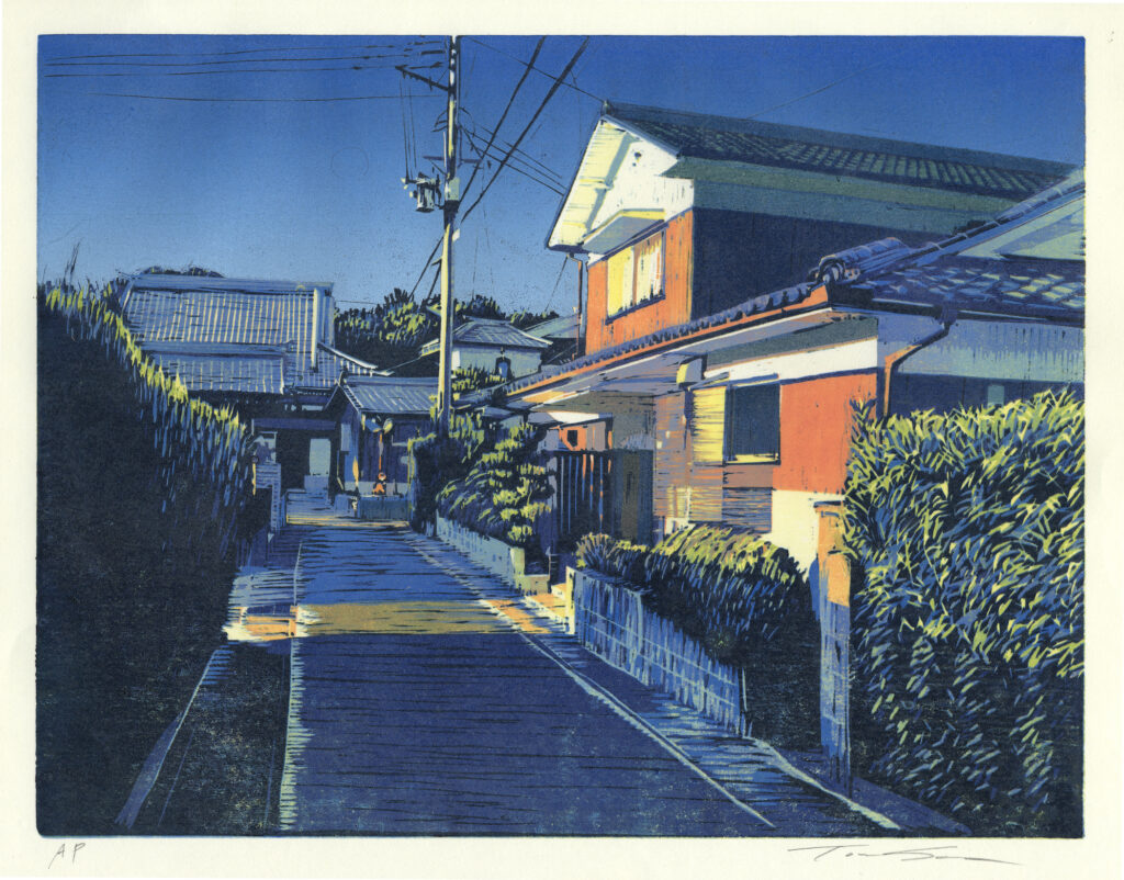 Toru Sugita “The Corner - Jomanji II” reduction woodcut 11" x Toru Sugita “The Corner - Jomanji II” reduction woodcut 11" x