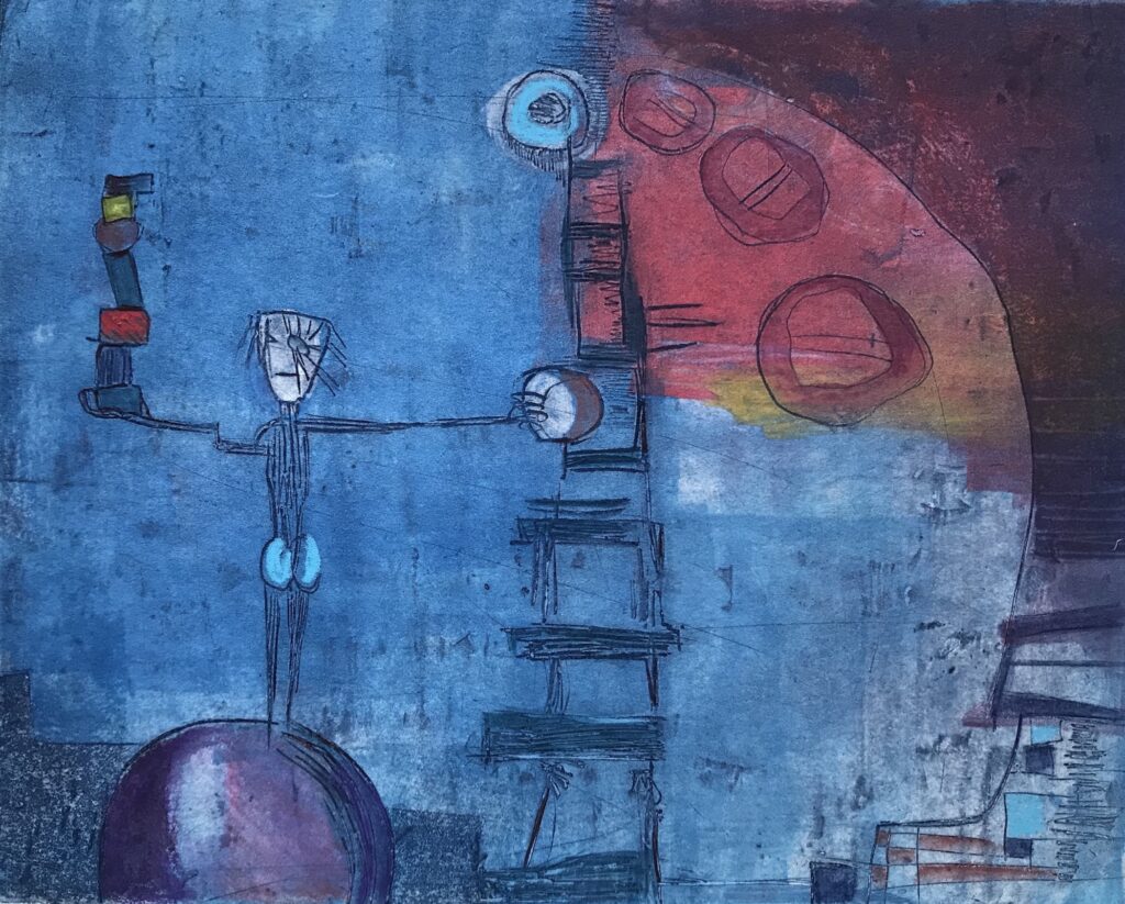 Noël Sandino "Balancing Act" wax plate drypoint monotype 8" x 10" 2018 Noël Sandino "Balancing Act" wax plate drypoint monotype 8" x 10" 2018