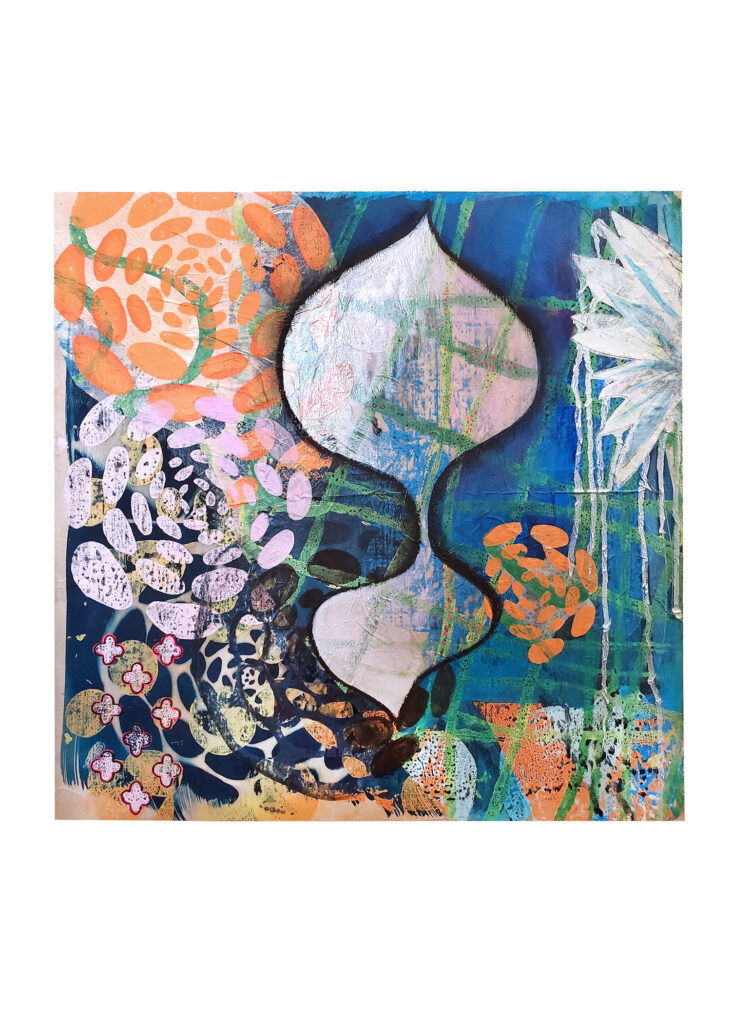 Ashley Rodriguez Reed "Shimmer" block print, cyanotype and paint on paper Ashley Rodriguez Reed "Shimmer" block print, cyanotype and paint on paper