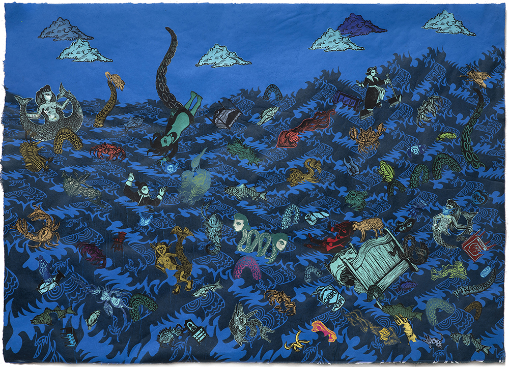 Stephanie Mercado, Corona Virus Dreams, relief print collage, 33 in x 24 in, 2021 Stephanie Mercado, Corona Virus Dreams, relief print collage, 33 in x 24 in, 2021