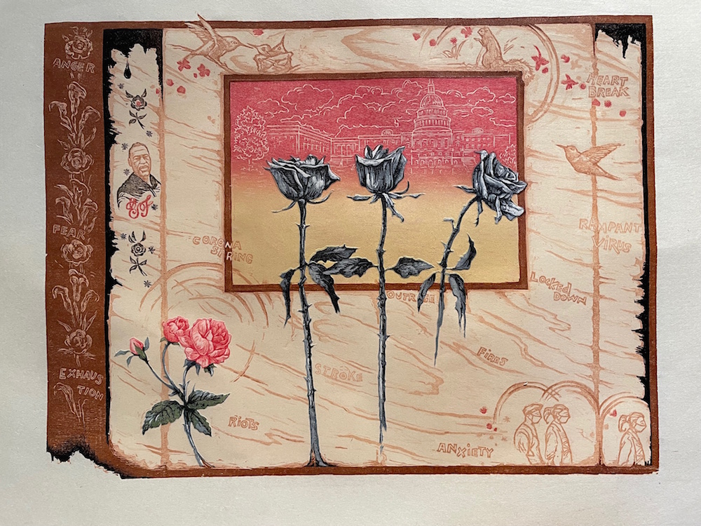 Sylvia Solochek Walters, Corona Spring, Reductive woodcut with stencils, 12.75 in x 17 in, 2021 Sylvia Solochek Walters, Corona Spring, Reductive woodcut with stencils, 12.75 in x 17 in, 2021