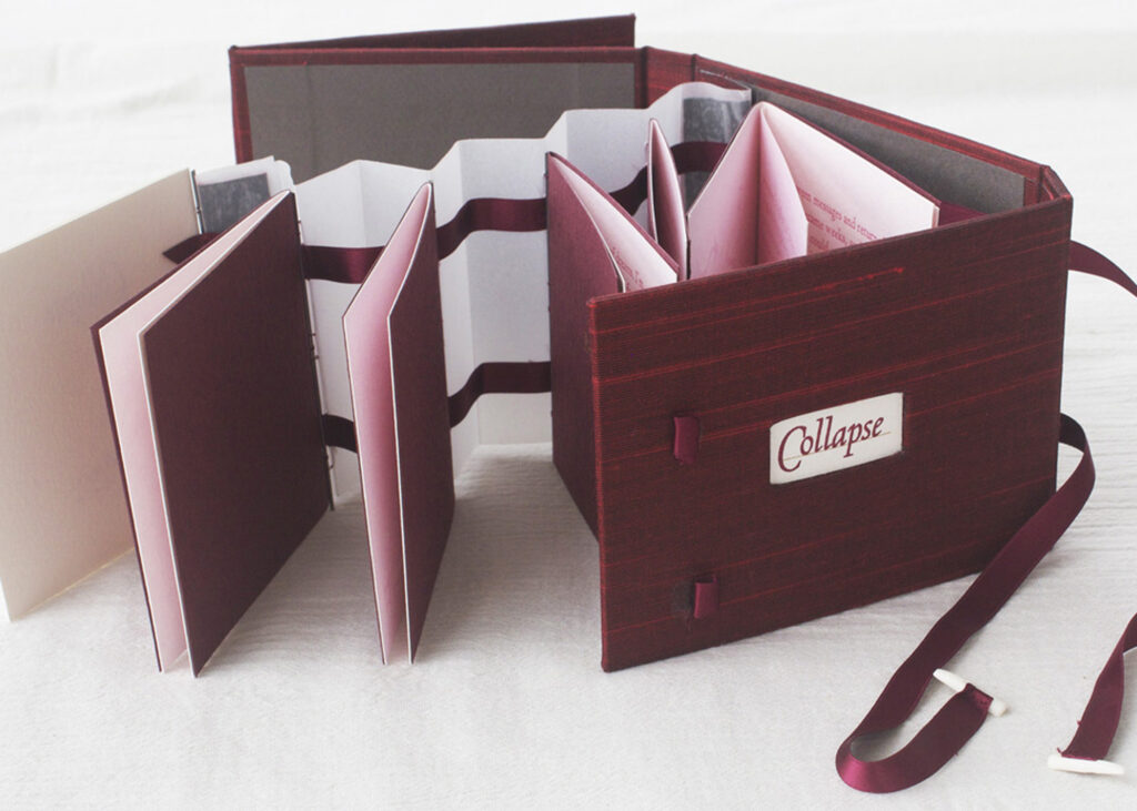 Nikki Thompson "Collapse" Artist's Book: letterpress, silkscreen Closed 5" x 4", Open 17" x 4" 2007 Nikki Thompson "Collapse" Artist's Book: letterpress, silkscreen Closed 5" x 4", Open 17" x 4" 2007