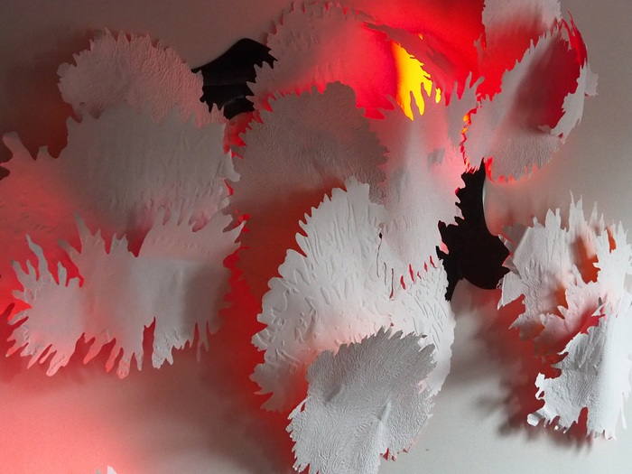 Susanna Harris, Tipping Point, handcut emboss prints, wood, wire, plexiglass, pva adhesive, 8' x 15' x 10", $10,000