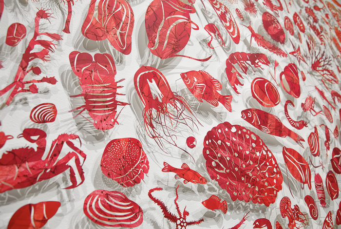 April Flanders, Trophic Cascade (detail), monotype, screenprint and paper cutting, 31" x 76.5" x 1.5", $15,000