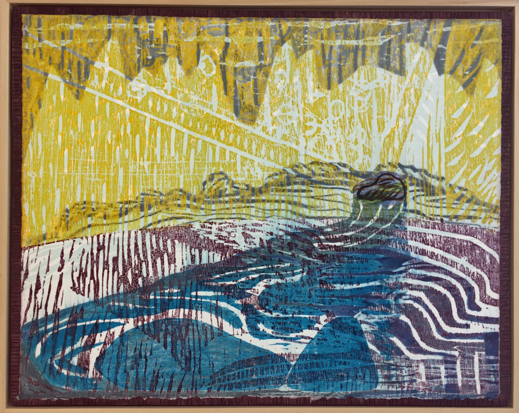 Sara Woodburn "Rain Dance" woodcut, mixed media 12" x 15" 2016 Sara Woodburn "Rain Dance" woodcut, mixed media 12" x 15" 2016