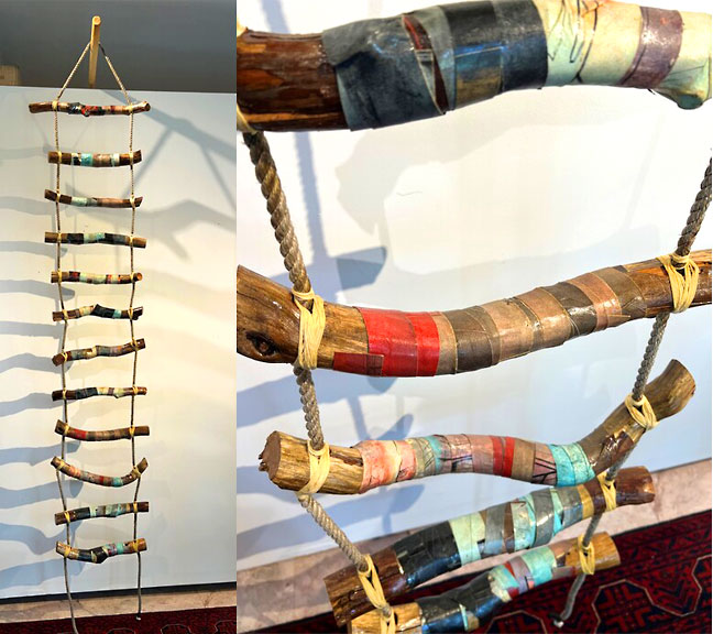 Dan Welden, 12 Steps to Nirvana, Intaglio impressions on paper, mountain laurel, hemp rope, 96" x 18" x 2", $3,300