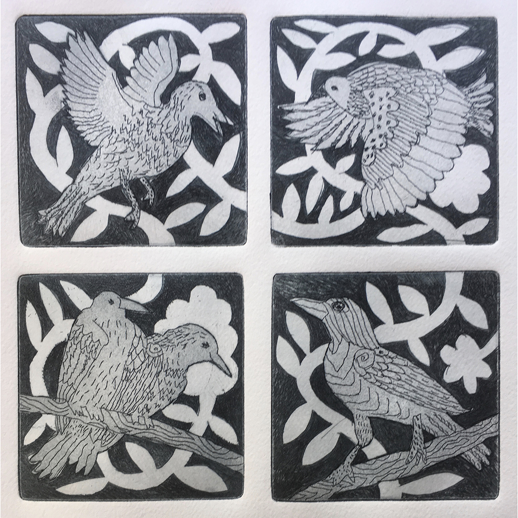 Dana Zed, For Birds in Community, 4 Clouds, 13 Feathers, One Egg, etching, 7.5" x 6", 2019 Dana Zed, For Birds in Community, 4 Clouds, 13 Feathers, One Egg, etching, 7.5" x 6", 2019